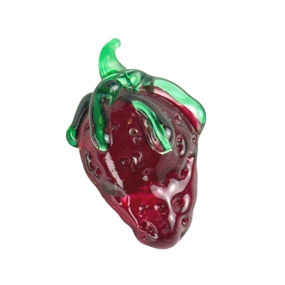 Red Hand Blown Strawberry Art Glass Miniature Figurine Green Stem 1 Inch